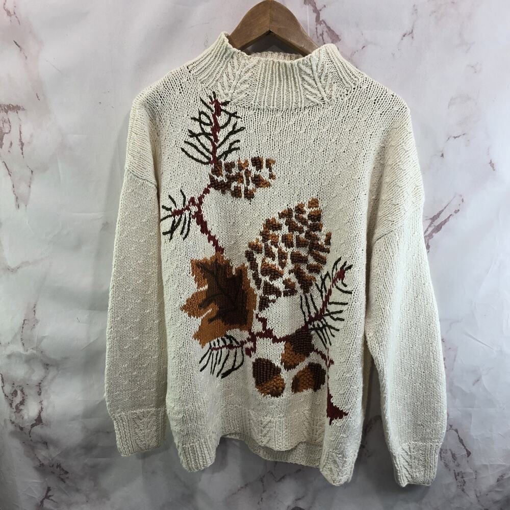 Vintage Sweater Womens Large Cream White Pinecone Knit Handmade